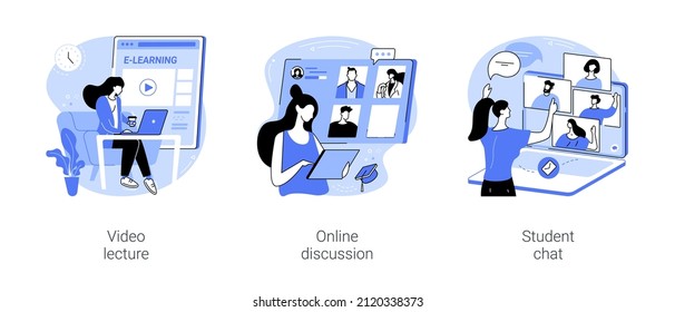 Distance learning virtual communication isolated cartoon vector illustrations set. Video lecture, online discussion, student chat at live video conference, watching recorded classes vector cartoon.