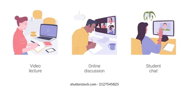 Distance learning virtual communication isolated cartoon vector illustrations set. Video lecture, online discussion, student chat at live video conference, watching recorded classes vector cartoon.