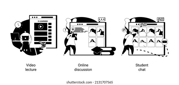 Distance learning virtual communication isolated cartoon vector illustrations set. Video lecture, online discussion, student chat at live video conference, watching recorded classes vector cartoon.