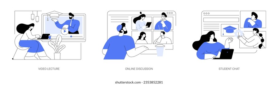 Distance learning virtual communication isolated cartoon vector illustrations set. Video lecture, online discussion, student chat at live video conference, watching recorded classes vector cartoon.