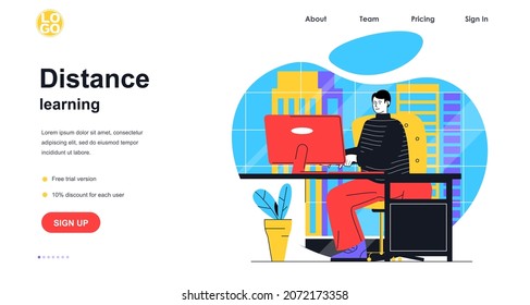 Distance learning web banner concept. Man student studying using computer at home, watching online courses, e-learning landing page template. Vector illustration with people scene in flat design