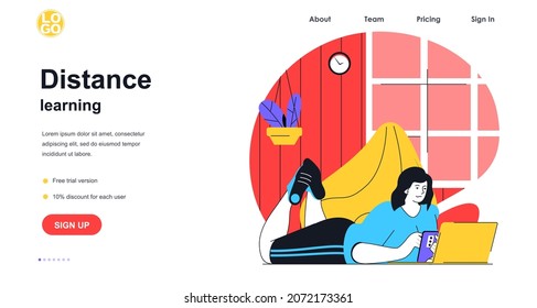 Distance learning web banner concept. Woman student studying using laptop and smartphone at home, watching online courses, landing page template. Vector illustration with people scene in flat design