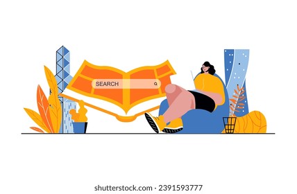 Distance learning web concept with people in flat cartoon design. Student studying at laptop online, reading books and makes homework. Vector illustration for social media banner, marketing material.