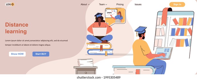 Distance learning web concept. Students studying in online courses, e-learning scene. Banner template with flat line characters design. Vector illustration for social media promotional materials