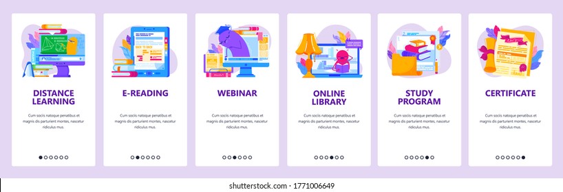 Distance learning website and mobile app onboarding screens. Menu banner vector template for web site and application development. Distance education, e-learning, online library, webinar, certificate.