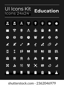 Distance learning white glyph ui icons set for dark mode. Silhouette symbols on black background. Solid pictograms for web, mobile. Vector isolated illustrations. Montserrat Bold, Light fonts used