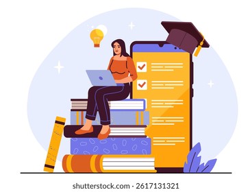 Distance learning woman. Young girl with laptop sitting on stack of books near huge smartphone. Remote training and education. Student doing homework. Flat vector illustration