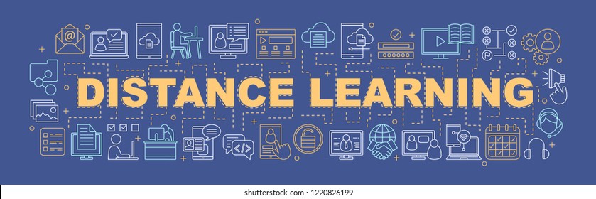 Distance learning word concepts banner. Online education. E-learning. Online courses and interactive training. Computing. Isolated lettering typography with linear icons. Vector outline illustration