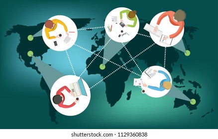 Distance learning or working around the world with students or employees from different countries online courses or work remotely vector illustration