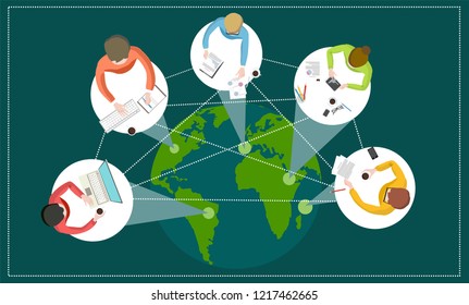 Distance learning or working around the world with students or employees from different countries online courses or work remotely vector illustration