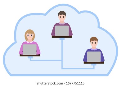 Distance learning or working around the world, people using cloud system in remote work. Men and women characters sitting at desks working on laptops connected in Network. Vector Illustration.