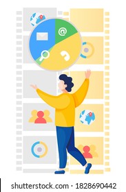 Distance learning or working around the world with students or employees from different countries online courses or work remotely. Vector illustration with a man and means of communication icons