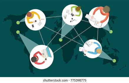 Distance learning or working around the world with students or employees from different countries online courses or work remotely  vector illustration