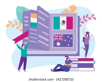 Distance Learning Worldwide Getting Diploma. E-Learning. Vector Illustration. Getting Diploma. E-learning Around World. Workuot. Students Finish University. Remote Access. Leaf Through Book.