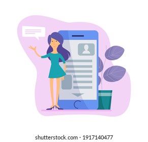 Distance learning. Young teacher character and smartphone. Woman greetings online app users. Remote education courses or webinars vector concept