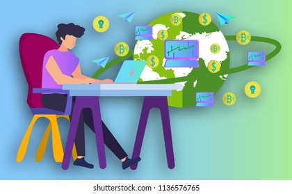 distance learning.Business man distance learning, online courses, education, online books and textbooks, exam preparation, home schooling,business online .vector illustration in ideas ways and goals.