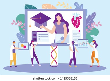 Distance Lecture Using Virtual Reality Glasses. Distance Learning. E-Learning. Online Training. Vector Illustration. Teacher on Monitor Screen. Study Medicine. Remote Access. Chemical Process.