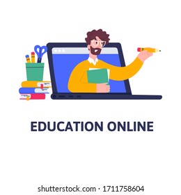 Distance lessons, video course, web seminar, internet class, personal teacher service for home education with male mentor. Online education for school and university concept in flat style