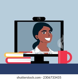 Distance lessons, video course, web seminar, internet class. The teacher explains the lesson. Online education for school and university in flat style.