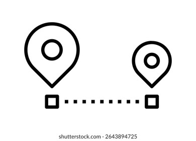 Distance location concept. Route line icon. Navigation Path Between Two Map Pins. Path to destination. Direction, road, instruction idea. Measure distance on map. GPS tracking. Vector illustration. 