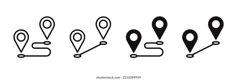 Conjunto de símbolos de distância e localização. Coleção de ícones de mapeamento. Caminho do mapa de localização geográfica. Posição cartográfica GPS. Identifique, pesquise no mapa, direcione, navegue. Ilustração vetorial.
