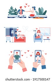 Distance love relationship or romantic dating over internet. Young couple chatting online, sending romance mail and hearts. Flat vector illustration isolated on white background.