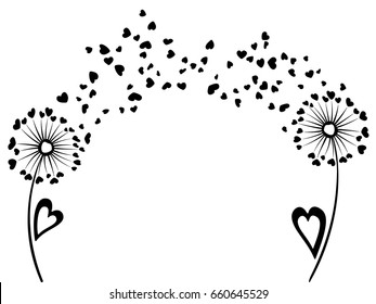 Distance love and romantic communication concept design. Dandelion flowers summer vector card. Heart shaped feather fluff, leaves, abstract flying petals.  Meadow blow ball illustration, print. 