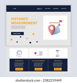 Distance measurement flat landing page website template. Hygrometer, pulse measurement, hourglass. Web banner with header, content and footer. Vector illustration.