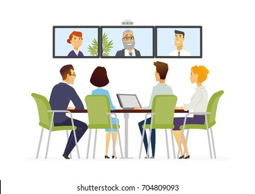 Distance Meeting - vector cartoon people characters illustration. Business scene with male, female office workers group communicating via computer software with other staff members in conference room