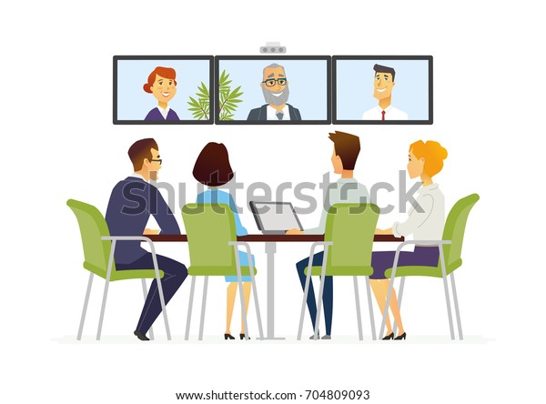 Distance Meeting ベクターカートーンの人物キャラクターイラスト 男性や女性のolとのビジネスシーンで 会議室の他のスタッフとコンピューターソフトを使ってコミュニケーションを取る のベクター画像素材 ロイヤリティフリー 704809093