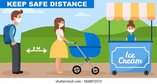 Distance meter wating queue of people. Stay safe, do not stay face to face. Characters waiting and keep a distance. Group characters with face masks, healts mans and womans. Prevent virus spreading