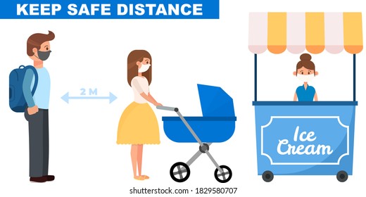 Distance meter wating queue of people. Stay safe, do not stay face to face. Characters waiting and keep a distance. Group characters with face masks, healts mans and womans. Prevent virus spreading