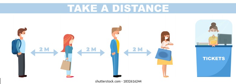 Distance meter wating queue of people. Stay safe, do not stay face to face. Characters waiting and keep a distance. Group characters with face masks, healts mans and womans. Prevent virus spreading