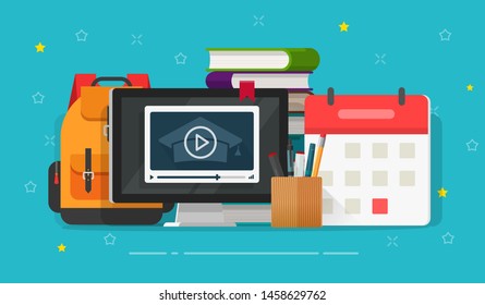 Distance online education concept vector, flat cartoon web lesson courses or video study via webinar on computer pc, back to school idea, remote or distant internet learning technology modern design
