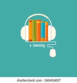 Distance  online education, e- learning concept. Vector flat illustration.