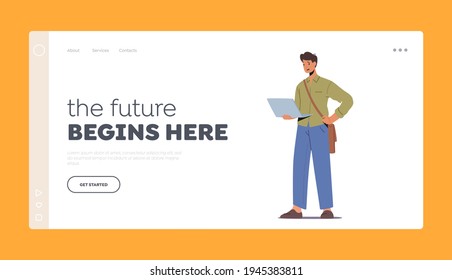 Distance Online Education, Electronics Learning, E-Book Library Landing Page Template. Carácter de joven estudiante con bolsa de hombro y portátil. Accesorio de moda. Ilustración del vector de dibujos animados