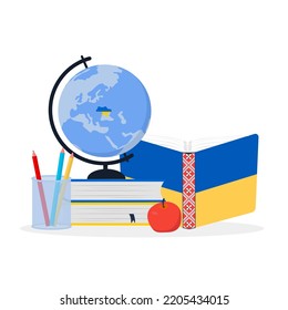 Distance Online learning Ukraine. Map of Ukraine highlighted by the colors of the national flag on the globe on a stack of books. Ukraine education concept. Vector illustration