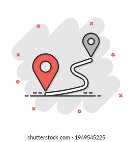 Distance pin icon in comic style. Gps navigation vector cartoon illustration on white isolated background. Communication travel business concept splash effect.