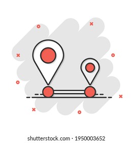 Distance pin icon in comic style. Gps navigation vector cartoon illustration on white isolated background. Communication travel business concept splash effect.