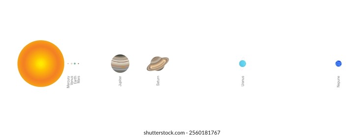 Distance of the Planets from the Sun on White Background. Mercury, Venus, Earth, Mars, Jupiter, Saturn, Uranus and Neptune Planet