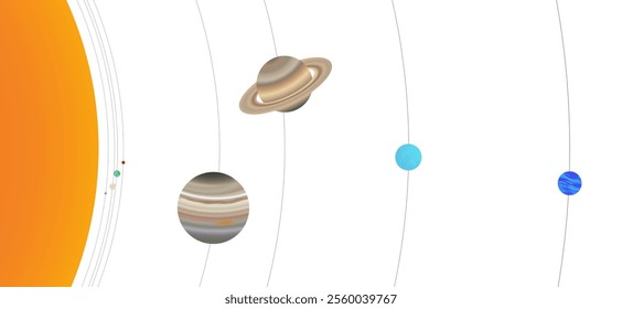 Distance of the Planets from the Sun with Realistic Planet Size Proportions Isolated on White Background. (The Distance and the Size are Not Proportional)