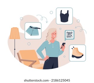 Distance purchase of clothes. Girl orders clothes for herself at home, online shopping and electronic cashless transfers. Fast delivery and convenient service. Cartoon flat vector illustration