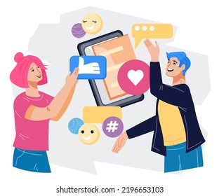 Distance relationship online and communication concept with man and woman communicate online chat using mobile app, flat vector illustration isolated on white background. Couple messaging online.