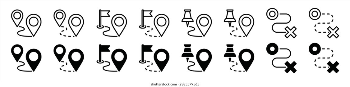 Distance and route icon set. Travel route, distance, tracking, roadmap, map icon symbol collection. Vector illustration