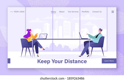 Distance rules during a pandemic while working in an office, concept for landing page template. Two colleagues in masks conference in a large airy office sitting at the big table keeping a distance.