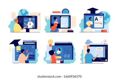 Distance school. Internet education, online training and course. Computer presentation, university video. People testing website vector set