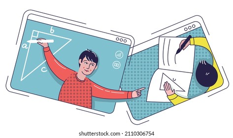 Distance school. Internet education, online lesson and course. Online mathematic teacher