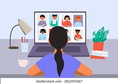  Distance school, online education. Female teacher at the workplace, laptop,   screens, remote lesson for young school children.Vector illustration. 