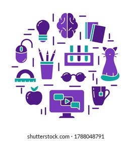 Distance study by internet and modern computer technology. Elearning concept. Home online education illustration. Color round poster with isolated icons. Flat silhouette vector print, white background