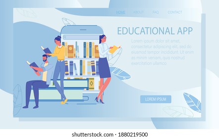 Distance Study Internet Class Landing Page Service. Educational Application. Young People Student Reading Book. Electronic Textbook for Self Development. Access to E-Library. Vector Illustration